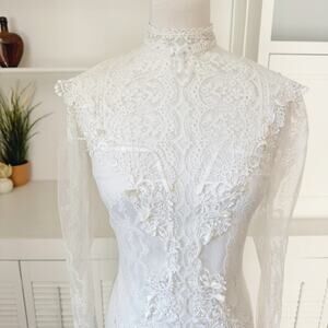 Vintage Handmade Custom Floral Lace High Neck Long Sleeve Midi Wedding Dress S